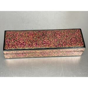 Vintage Kashmir Lacquered Pen Trinket Wooden Box Hand Made Metallic Floral